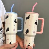 Gaeaspace  -  Kawaii Cat Stainless Steel Vacuum Insulated Tumbler With Lid Straw For Water Iced Tea Coffee Juice Large Car Thermos Mug 1200ml