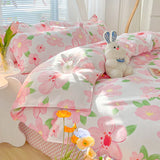 Gaeaspace  -  Kawaii Washed Cotton Bedding Set For Kids Girls Cute Print Duvet Cover Single Full Queen Size Flat Bed Sheets And Pillowcases