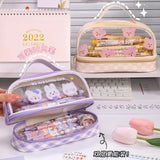 Gaeaspace  -  INS Portable Transparent Large Capacity Pen Bag Cute Girl Heart Double Layer Waterproof Makeup Bag Student Pencil Stationery Box