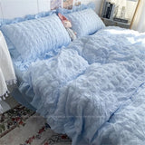 Gaeaspace  -  Quilt Cover INS Girl Blue Solid Color Seersucker Ruffles Lace Bedding Set Kawaii  Soft Sheet Woman Duvet Cover Pillow Covers