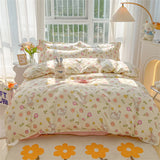 Gaeaspace  -  Fashion Cartoon Foral Print Polyester Bedding Set Full Size Soft Thicken Duvet Cover Set with Flat Sheet Quilt Cover Pillowcase