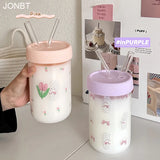 Gaeaspace  -  600ml Kawaii Glass Bottle For Water Coffee Drinks BPA Free Clear Milk Juice Bubble Tea Glass Cup With Lid And Straw  Girl  Gift