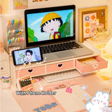 Gaeaspace  - Kawaii Desktop Monitor Stand Wooden Computer Laptop Elevated Stand with Drawers Desk Storage Organizer Pink Cute Monitor Stand