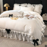 Gaeaspace   -  Korean Style Lace Ruffles Princess Bedding Set, Duvet Cover, Bed Skirt, Fitted Sheet, Flat Sheet, Pillowcases, Black Bow, White