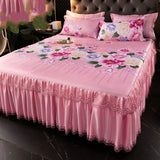 Gaeaspace  -  Pink Floral Bed Dress Sets Lace Bed Sheet Pillowcase 2/3 Pieces For King Queen Double Size Bed Fashion Flower Luxury Bedding Set