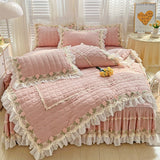 Gaeasapce  -  Pink Korean Princess Style Bedding Set Flowers Lace Ruffles Embroidery Quilted Thick Duvet Cover Bedspread Bed Skirt Pillowcases