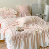 Gaeasapce  -  Pink Romantic French Wedding Lace Ruffles Bow Summer quilt Soft Cozy Comforter Bed Sheet Pillowcases Korean Princess Bedding Set