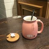 Gaeaspace  -  1pc 420ml Cartoon Cat Ceramic Mug Portable Coffee Cup With Wooden Lid And Stainless Steel Spoon Handle Drinking Cup For Home