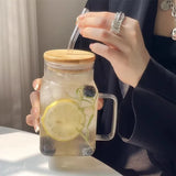 Gaeaspace  -  Cute Glass Cup With Bamboo Lid Straw For Coffee Water Milk Tea Juice Portable Glass Bottle Girl Large Drinking Bottle Gift 620ml