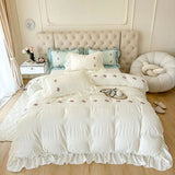 Gaeaspace  -  French Style Princess Bedding Set Lace Ruffles Seersucker Flowers Embroidery Washed Cotton Duvet Cover Set Bed Sheet Pillowcases