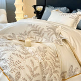 Gaeaspace  -  100% Egyptian Cotton Luxury Bedding Set Leaves Embroidery Duvet Cover Set Elastic Band Bed Sheet Set Pillowcases Soft Bed Sets