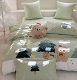 Gaeaspace  -  Cute cartoon embroidery bear dog green bedding set,twin full queen king cotton home textile bed sheet pillow case quilt cover