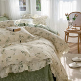 Gaeaspace  -  Small Floral Printed Lace Ruffle Bedding Set, Simple Fresh Flower Single Duvet Cover, Bed Linen Set, Pillowcases, 100% Cotton