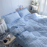 Gaeaspace  -  Quilt Cover INS Girl Blue Solid Color Seersucker Ruffles Lace Bedding Set Kawaii  Soft Sheet Woman Duvet Cover Pillow Covers