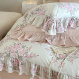 Gaeaspace  -  French Rose Flowers Print Lace Ruffles Bedding Set, Egyptian Cotton Duvet Cover, Bed Sheet, Pillowcases, Luxury Vintage, 1000TC