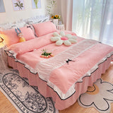 Gaeaspace  -  Ins Green Princess Bedding Sets Girl Romantic Ruffle Lace Bed Skirt Duvet Cover Solid Color Bedclothes Decor Home Textiles