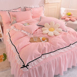 Gaeaspace  -  Korean Girl Heart Solid Color Bedding Set Cute Princess Style Cotton Bed Skirt Full Queen Size Flat Sheet Quilt Cover Pillowcase