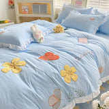 Gaeaspace  -  Ins Korean Style Bedding Set with Ruffles Princess Duvet Cover No Filling Flat Sheet Pillowcases Kit Girls Blue Pink Solid Color