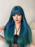 Gaeaspace  -  28Inch Teal Blue Color Synthetic Wigs With Bang Long Natural Straight Hair Wig For Women Daily Cosplay Drag Queen Heat Resistant