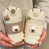 Gaeaspace  -  450ML Cute Bear Double Drink Thermos Coffee Mug With Straw Portable Stainless Steel Tumbler Insulated Cup Bottle For Kids Girls