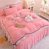 Gaeaspace  -  Korean Girl Heart Solid Color Bedding Set Cute Princess Style Cotton Bed Skirt Full Queen Size Flat Sheet Quilt Cover Pillowcase