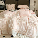 Gaeasapce  -  Pink Romantic French Princess Bedding Set, Soft Cozy Queen Size, Pleat Lace Ruffles, Duvet Cover Set, Bed Sheet, Pillowcase,