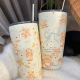 Gaeaspace  -  Kawaii Bear Sainless Steel Thermos Insulated Tumbler For Ice Coffee Tea Beer Juice Cute Korean Water Bottle Cup With Straw 550ml