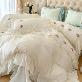 Gaeaspace  -  French Style Princess Bedding Set Lace Ruffles Seersucker Flowers Embroidery Washed Cotton Duvet Cover Set Bed Sheet Pillowcases