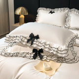 Gaeaspace   -  Korean Style Lace Ruffles Princess Bedding Set, Duvet Cover, Bed Skirt, Fitted Sheet, Flat Sheet, Pillowcases, Black Bow, White