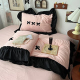 Gaeasapce  -  1Pc Korean Style Princess Black Bow Ruffles Summer Quilt Soft Skin-friendly Washed Seersucker Blanket Bedspread 150X200/200X230