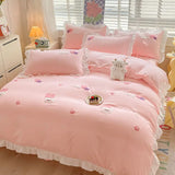 Gaeaspace  -  Kawaii Princess Bedding Set with White Ruffles Korean Style Girls Single Full Duvet Cover No Filling Flat Sheet Pillowcases Kit