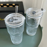 Gaeaspace  -  1pc 600ml Stripe Glass Cup with Lid and Straw Transparent Drinking Glasses for Juice Iced Coffee Water Cup Outdoor Drinkware Mug