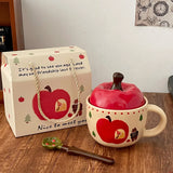 Gaeaspace  -  Vintage Mug With Lid And Spoon Apple Shape Ceramic Mug Water Cup Girls Mug Christmas Gift Coffee Mug Couple Milk Breakfast Mug