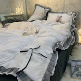 Gaeaspace  -  Nordic Grey White Quilt Cover Korean Prinsess Bow Girl Bedding Sets Simple Solid Color Bedclothes Decor Bedroom