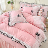 Gaeaspace  -  Kawaii Seersucker Bedding Set For Girls Princess Bow Ruffle Lace Bed Skirt Skin-Friendly Solid Color Duvet Cover Sets Queen King