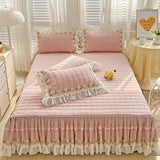 Gaeasapce  -  Pink Korean Princess Style Bedding Set Flowers Lace Ruffles Embroidery Quilted Thick Duvet Cover Bedspread Bed Skirt Pillowcases