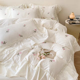 Gaeaspace  -  Rose Flowers Embroidery Ruffle Lace Bedding Set for Girls, Washed Cotton Duvet Cover, Skin Friendly, Bed Sheet, Pillowcases