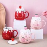 Gaeaspace  -  1pc 450ml Cute Strawberry Ceremic Cup with Lid Spoon Water Cup Coffee Mug Creative Gift Easy To Clean Summer Winter Drinkware