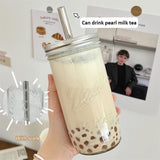 Gaeaspace  -  Ins Boba Milk Tea Glass Water Cup With Straw Lid Large Capacity Clear Heat Resistance Glass Coffee Bubble Juice Cold Drink Cups