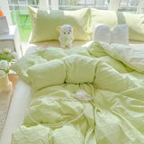 Gaeaspace  -  Cute Korean Adults Bedding Sets Aesthetic King Queen Twin Size Ins Solid Color Double Bed Sheets Ruffled Duvet Quilt Cover Set