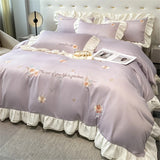 Gaeaspace  -  Flower Embroidery Lace Ruffles Bedding Set Skin-friendly Washed Cotton Princess Style Wedding Duvet Cover Bed Sheet Pillowcases