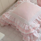 Gaeaspace  -  Pink European embroidered cushion cover ruffle Lace Satin cotton pillow cover handmade elegant bedding pillowcase sofa cushion