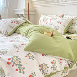 Gaeaspace  -  Cute Strawberry Duvet Cover Set Floral Style with Flat Sheet Pillowcase No filler Queen Double Girls Boys Home Decor Bed Linens