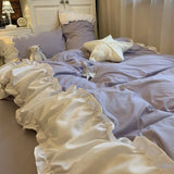 Gaeaspace  -  Princess Style Bedding Set No Filling Korean Romantic Ruffles Blue Purple Single Double Queen Size Duvet Cover Sheet Pillowcase