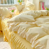 Gaeaspace  -  Princess Korean Style Bedding Set Aesthetic Queen Full King Size Solid Color Double Bed Bedspread Sheets Ruffled Duvet Cover Set