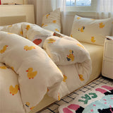 Gaeaspace  -  Cute Cartoon Bedding Set Washed Cotton Duvet Cover Bedsheet Pillowcase Bedroom Decor Skin Friendly Four Piece Set Home Textiles