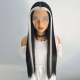 Gaeaspace  -  Black and White Highlight Wig Straight Synthetic Lace Front Wig Glueless Skunk Stripe Highlighted Ombre Black Wigs for Women