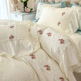 Gaeaspace  -  French Style Princess Bedding Set Lace Ruffles Seersucker Flowers Embroidery Washed Cotton Duvet Cover Set Bed Sheet Pillowcases