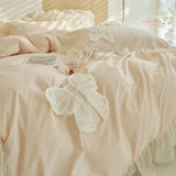 Gaeaspace   -  Korean Lace Ruffles Duvet Cover with Bow Decoration, French Romantic Queen Size Quilt Cover 200x230(No Pillowcase Sheet)