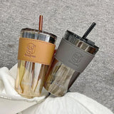 Gaeaspace  -  350/450ml Coffee Straw Cup With Lid Heat-Resistant Water Bottle Beer Drinkware Coffee Mug With Straw Deer Printed Leather Glass